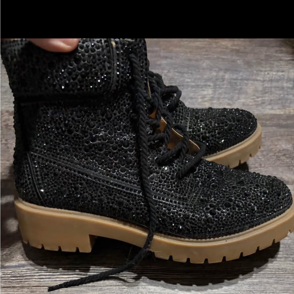 Betsey Johnson Black Rhinestone Combat Boots